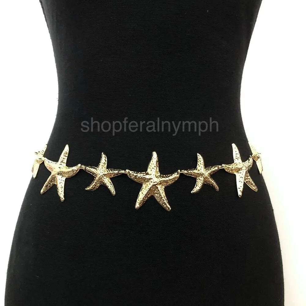 Gold Starfish Mermaidcore Beachy Chain Belt, Fits 22-42.5 Inches, X7GA1246